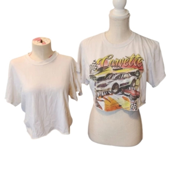 Chemistry Gildan distressed grunge crew neck-cropped raw hem Chevy Corvette top - Picture 1 of 10
